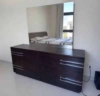 Dark Wood 6-Drawer Dresser with Large Mirror — Good Condition