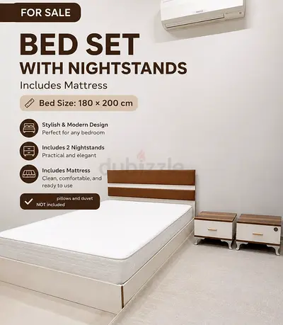 Used bed set with mattress and 2 nightstands - 180 x 200 cm