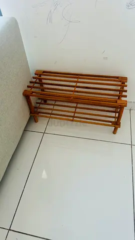 Small wooden shoe rack / shelving unit — two-tier compact rack