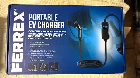 FERREX Portable EV Charger 2400W Type 2 5m Cable, IP65 Waterproof, LCD Display