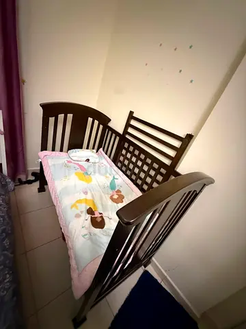 Dark Wood Baby Crib with Mattress and Bedding