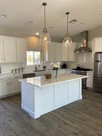 White Kitchen Island with Quartz Top and Storage -