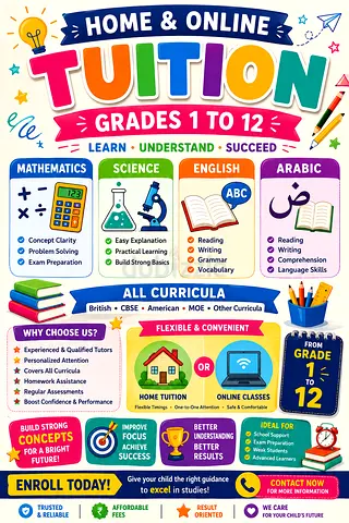 HOME  ONLINE TUITION – Grades 1 to 12 | Mathematics | Science | English | Arabic
