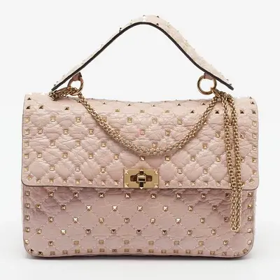 Authentic Valentino Rockstud Spike Large Pink Leather Top Handle Bag