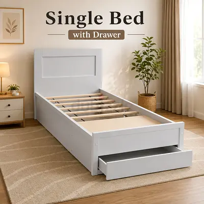 Wooden Single Bed with Storage Drawer – Space Saving White Bed Frame For UAE Homes
