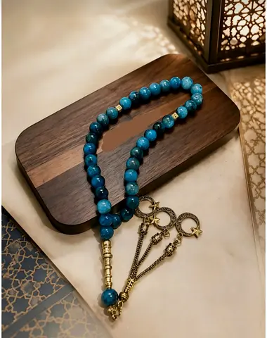 10 mm Globe Cut Natural Blue Agate Tasbih Muslim Prayer Beads 33
