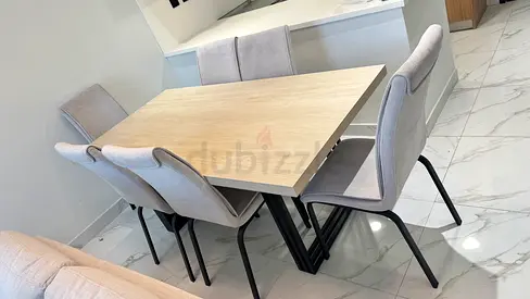 8-Seater Modern Dining Table with Upholstered Chairs - Light Wood Top