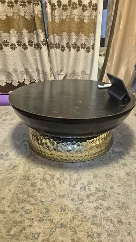 Round Brass-Trimmed Coffee Table with Wooden Top