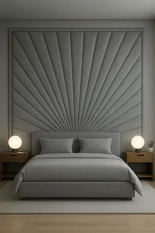 King size upholstered bed with large decorative padded headboard