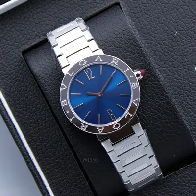 Bvlgari-style Stainless Steel Womens Watch with Blue Dial
