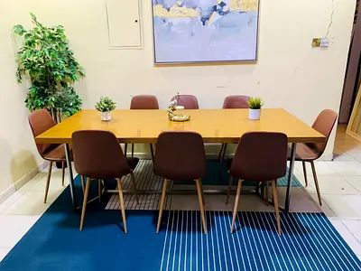 Dining table set with 8 chairs, modern wooden finish
