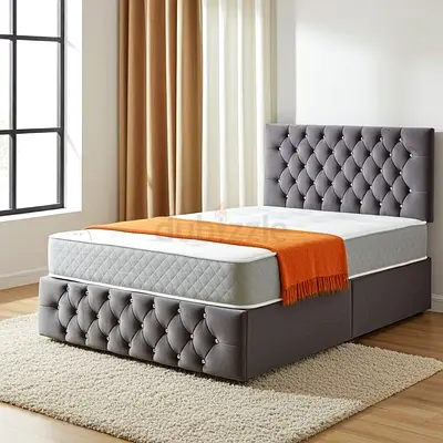 Grey Button-Tufted Divan Bed with Headboard and Storage Base