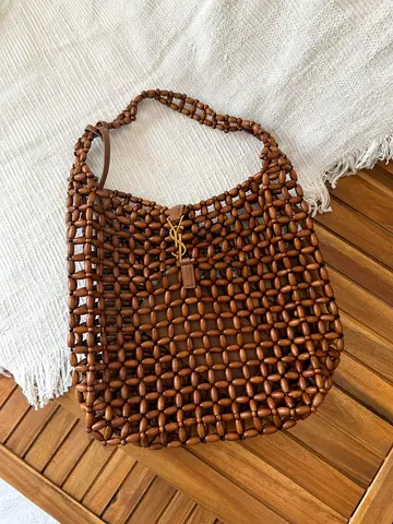 Handmade wooden bead shoulder bag with YSL charm - brown