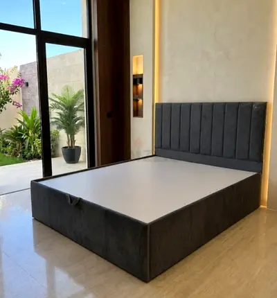 Grey Upholstered Bed Frame with Headboard - Queen/King (Good Condition)