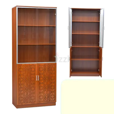Tall wooden display cabinet with glass doors and carved lower storage