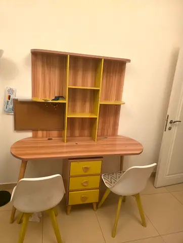 Wooden Study Desk with Shelves and 2 Chairs - Light Wood  Yellow