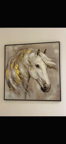 Framed Acrylic Painting of White Horse with Gold Leaf Accents