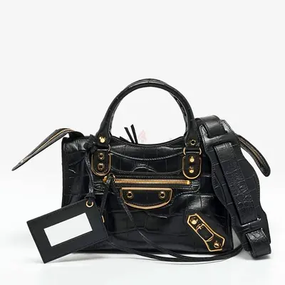 Authentic Balenciaga Metallic Edge City Mini Black Croc Embossed Leather Tote
