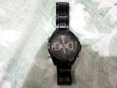 Black mens analog-digital wristwatch with metal bracelet