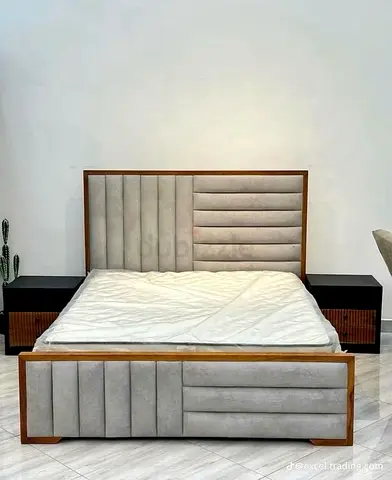 Queen bed frame with upholstered headboard