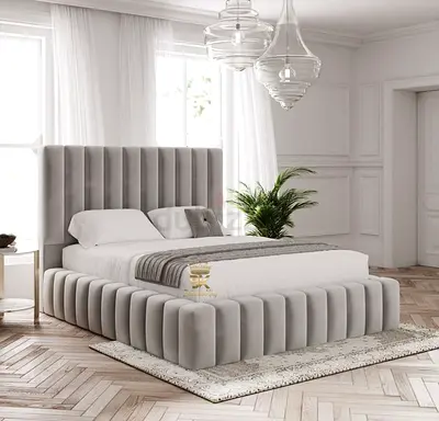 Modern upholstered king-size bed with tall channel-tufted headboard
