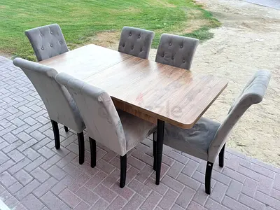 Wooden Extendable Dining Table with 6 Upholstered Chairs - Light Brown/Grey
