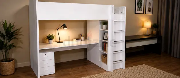 White Loft Bed with Built-in Desk and Storage Shelves
