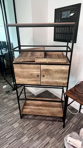 Industrial-style shelving unit with cabinet - wooden finish, metal frame