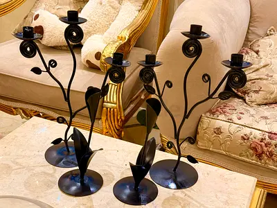 Set of 4 Black Metal Floral Candle Holders - Decorative Table Centerpiece