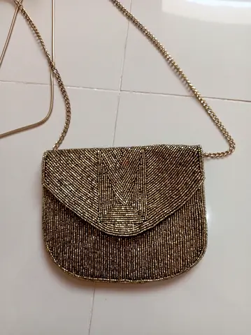 Gold beaded evening clutch with chain strap - small handbag