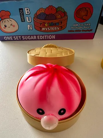 Squishy Dessert Toy - Pink Bun Squishie with Case (Good Condition)