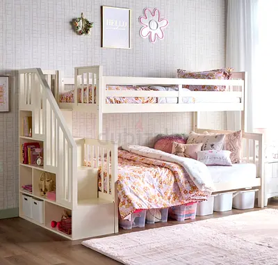White wooden bunk bed with stair storage - twin over full, great condition