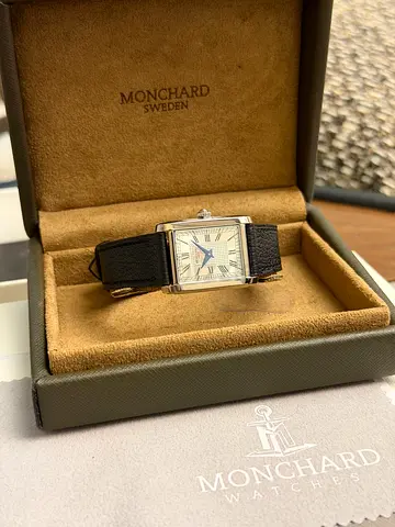 Monchard rectangular mens dress watch with leather strap