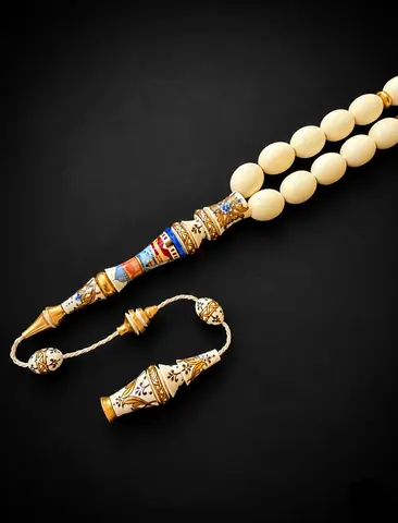 Vintage Cream Bead Tasbih with Inlaid Decorative Gold-tone Tassel