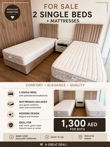 Set of 2 Single Beds with Mattresses and Upholstered Headboards - Barely Used