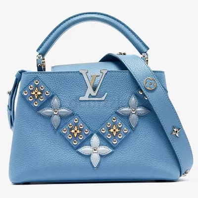 Authentic Louis Vuitton Light Blue Leather Mechanical Flower Capucines BB Bag