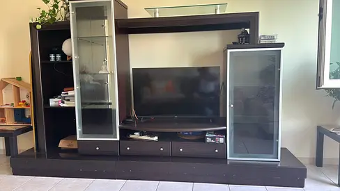 TV Unit - Dark Wood with Glass Display Cabinets