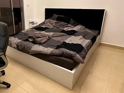 King bed frame with upholstered headboard - white base