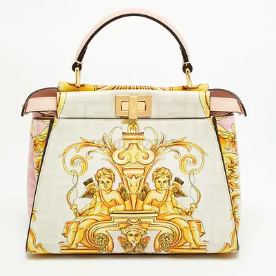 Authentic Fendi x Versace Fendace Peekaboo Mini Pink/Yellow Zucca Baroque Print Leather Top Handle B