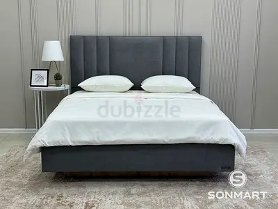 Grey Upholstered Bed Frame with Padded Headboard - King/Queen