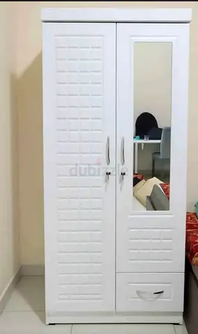 White 2-Door Wardrobe with Mirror and Drawer - Good Condition