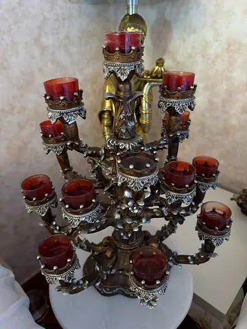 Antique Multi-Arm Silver Tone Candelabra with Red Glass Holders