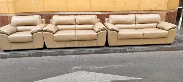 Beige Leather 3-Piece Sofa Set (3-seater, 2-seater, Armchair) - Good Condition