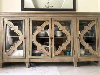 Wooden glass-front sideboard / buffet cabinet with decorative doors