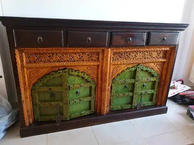 Hand-carved Wooden Sideboard with Green Arched Doors