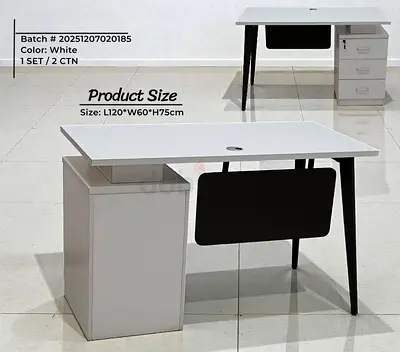 White L-shaped Office Desk with Drawers and Cable Hole, 120x60x75cm