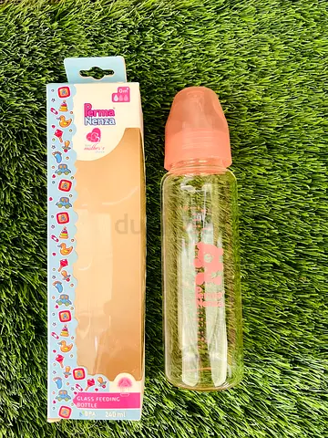 Used 240ml Glass Baby Feeding Bottle with Pink Cap