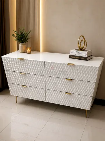 Modern White Textured 6-Drawer Dresser with Gold Handles
