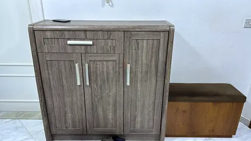 Wooden Storage Cabinet with Side Compartment and Bench