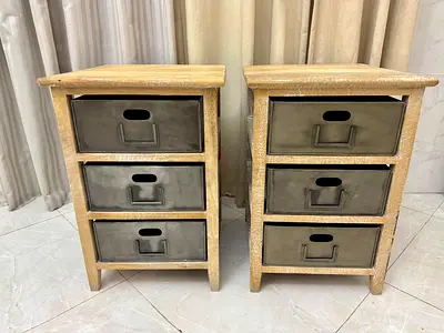 Rustic Industrial Wooden Side Tables with Metal Drawers
